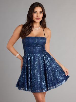 Thea Sequin Lace-Up Skater Dress