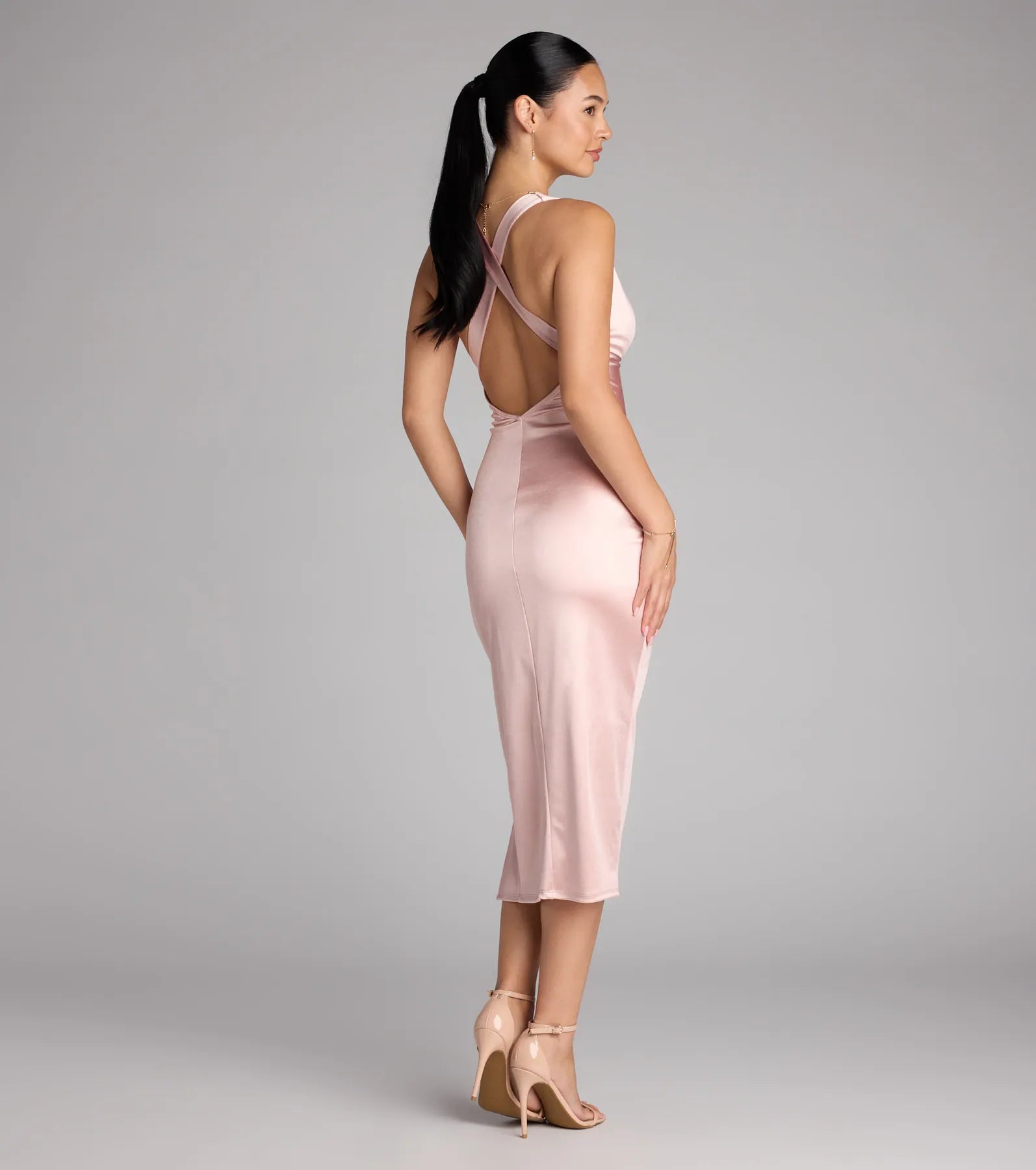 Abigail V-Neck Strappy Satin Midi Dress - Image 14