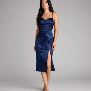 Melody Satin Slit Midi Formal Dress