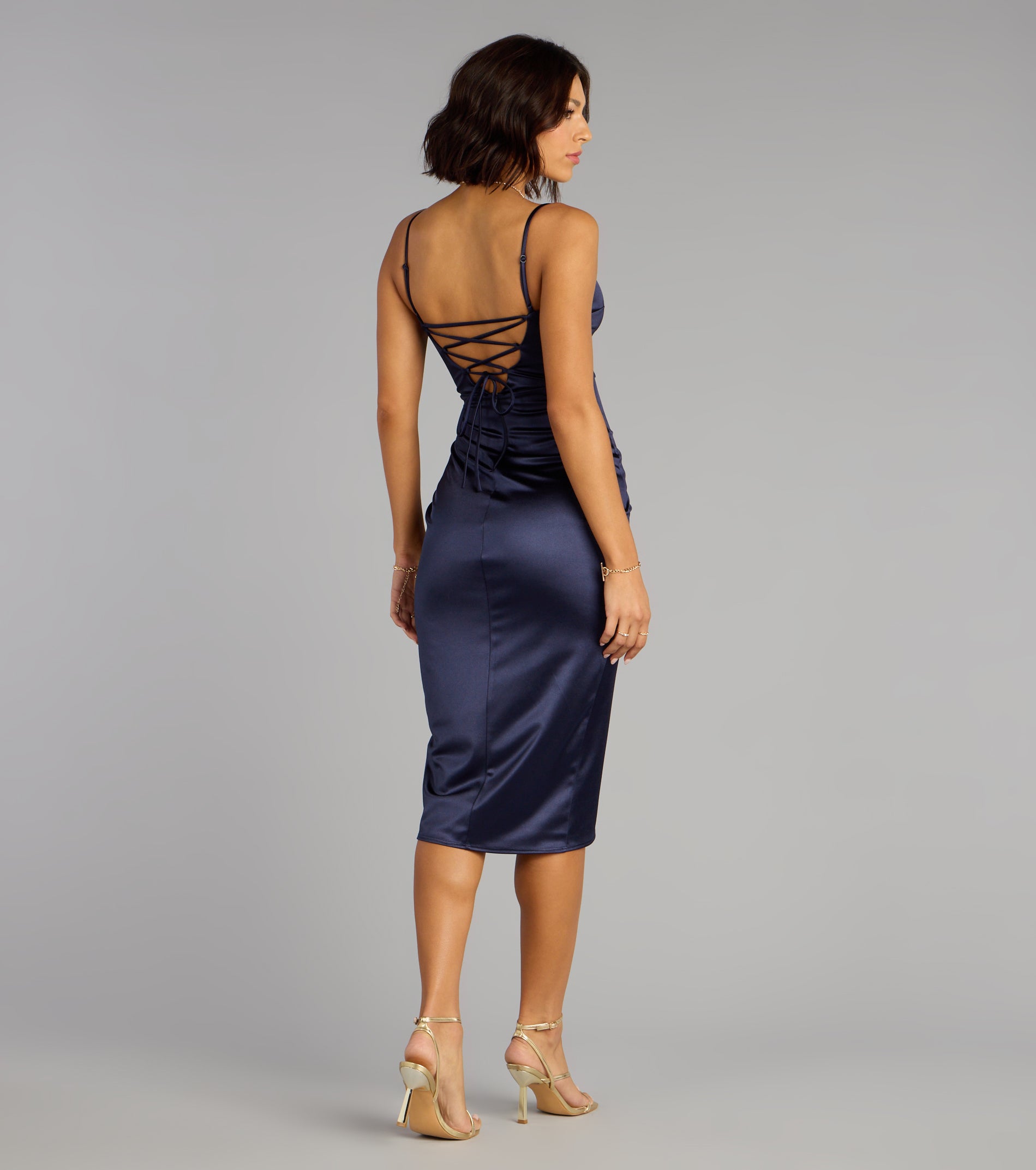 Madelyn Satin Lace-Up Midi Formal Dress - Image 2