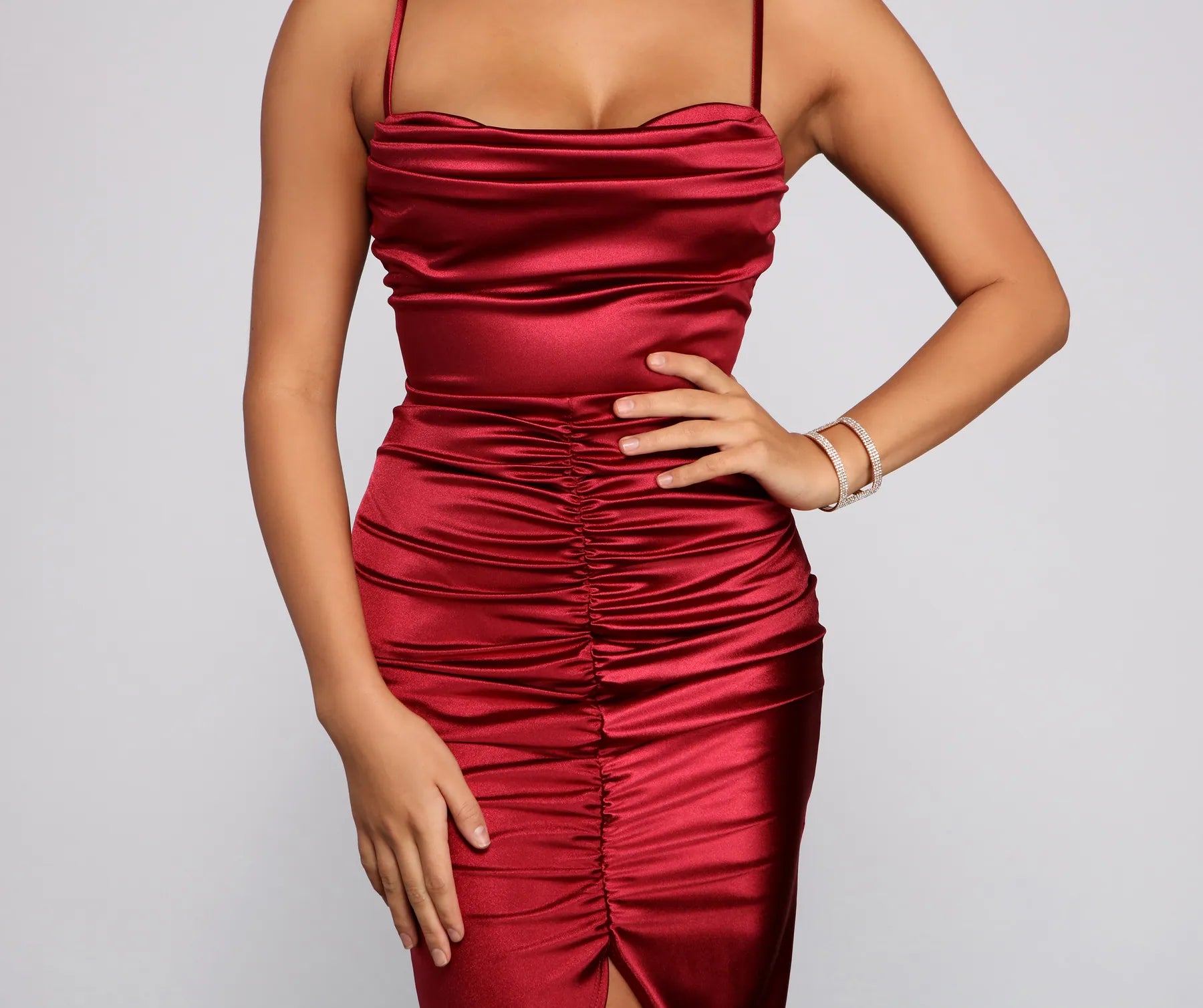 Bre Formal Satin Ruched Midi Dress - Image 7