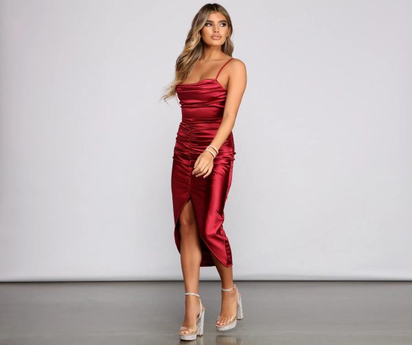 Bre Formal Satin Ruched Midi Dress - Image 8