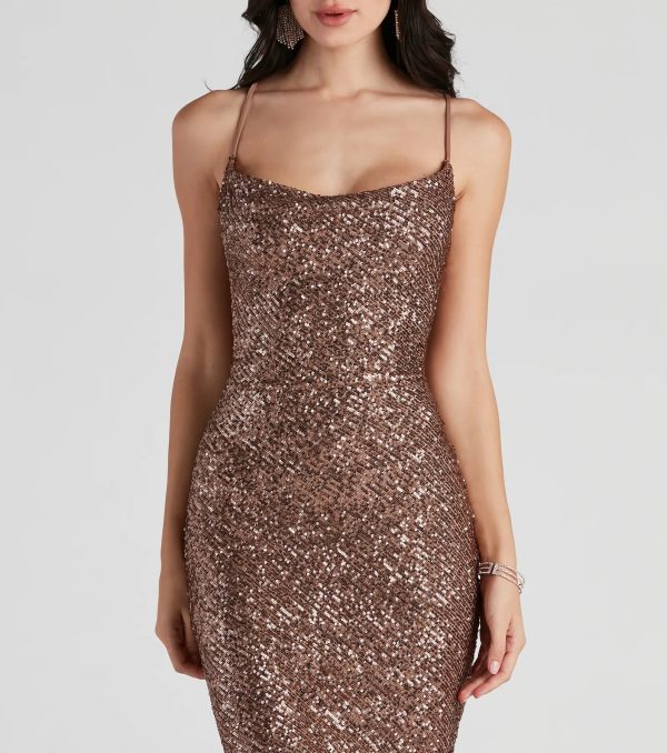 Lillia Formal Cowl Neck Sequin Midi Dress - Image 4