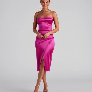 Lillyanne Formal Satin Asymmetrical Midi Dress