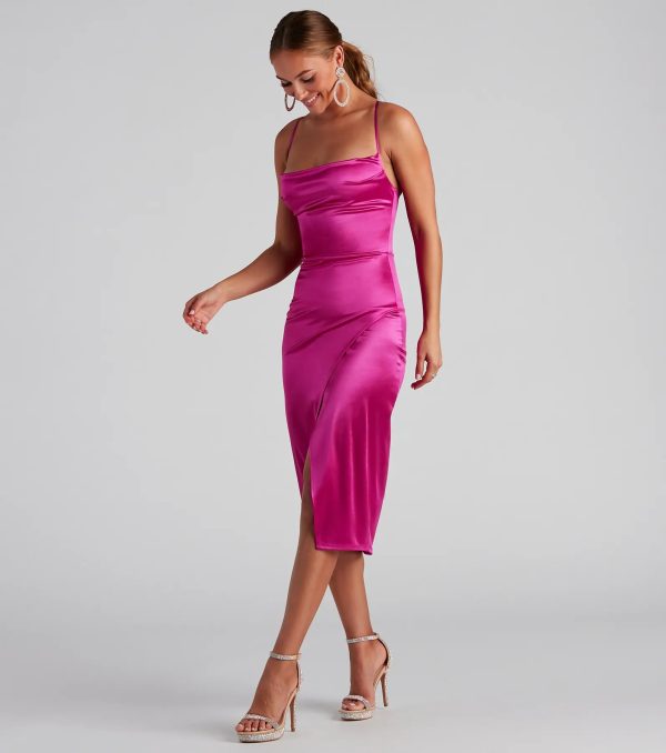 Lillyanne Formal Satin Asymmetrical Midi Dress - Image 3