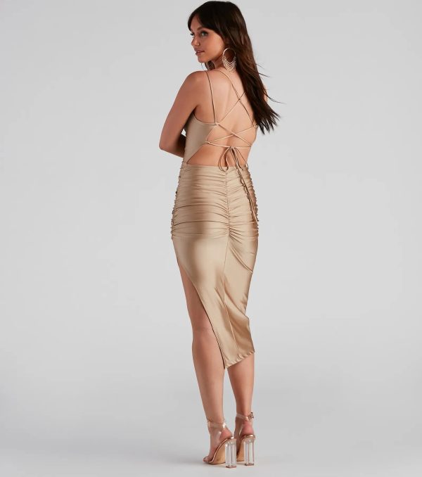 Zooey Formal Satin Lace-Up Midi Dress - Image 6