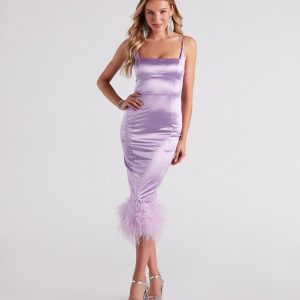 Sofia Formal Satin Feather Midi Dress