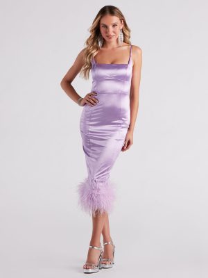 Sofia Formal Satin Feather Midi Dress