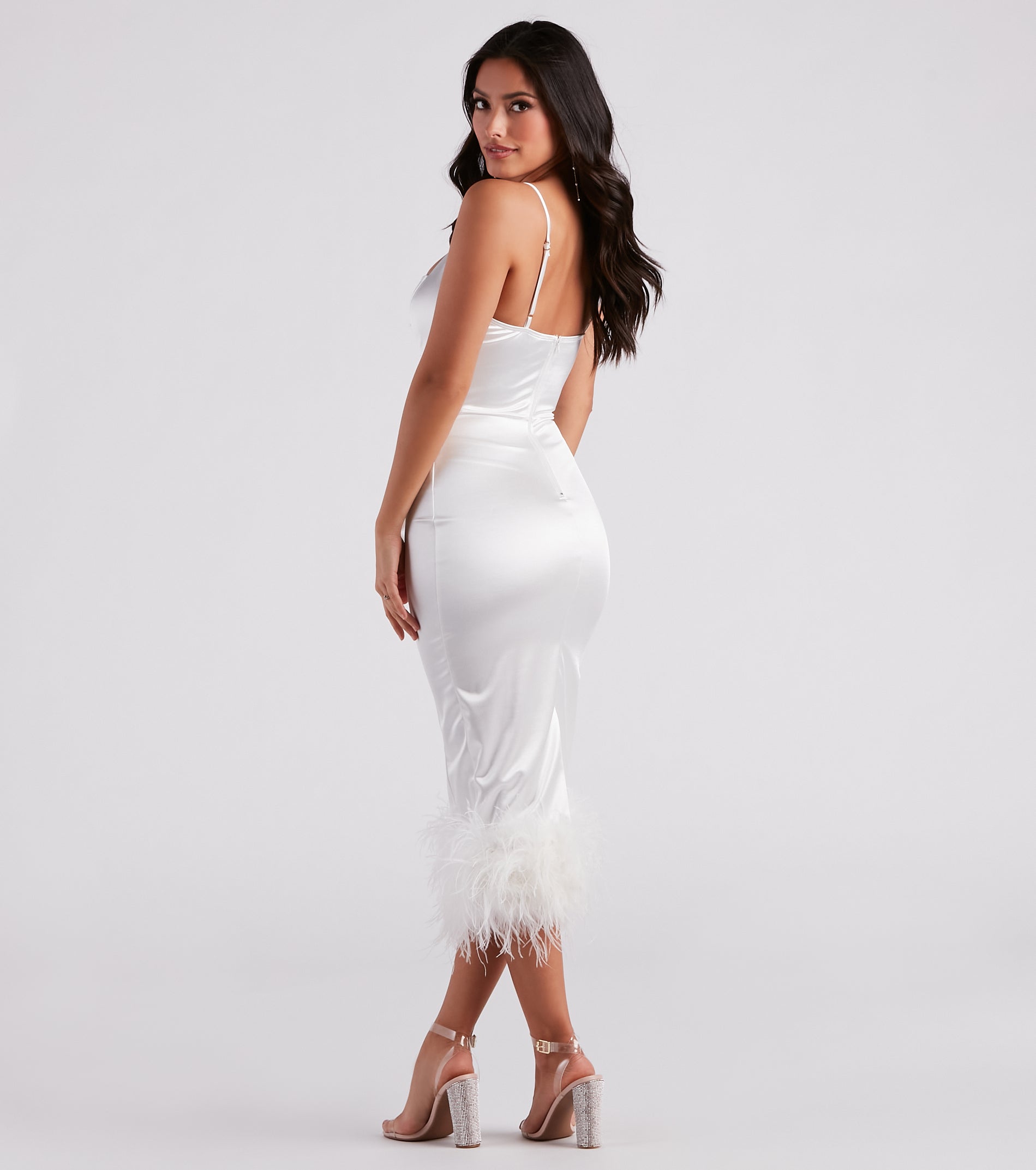 Sofia Formal Satin Feather Midi Dress - Image 6
