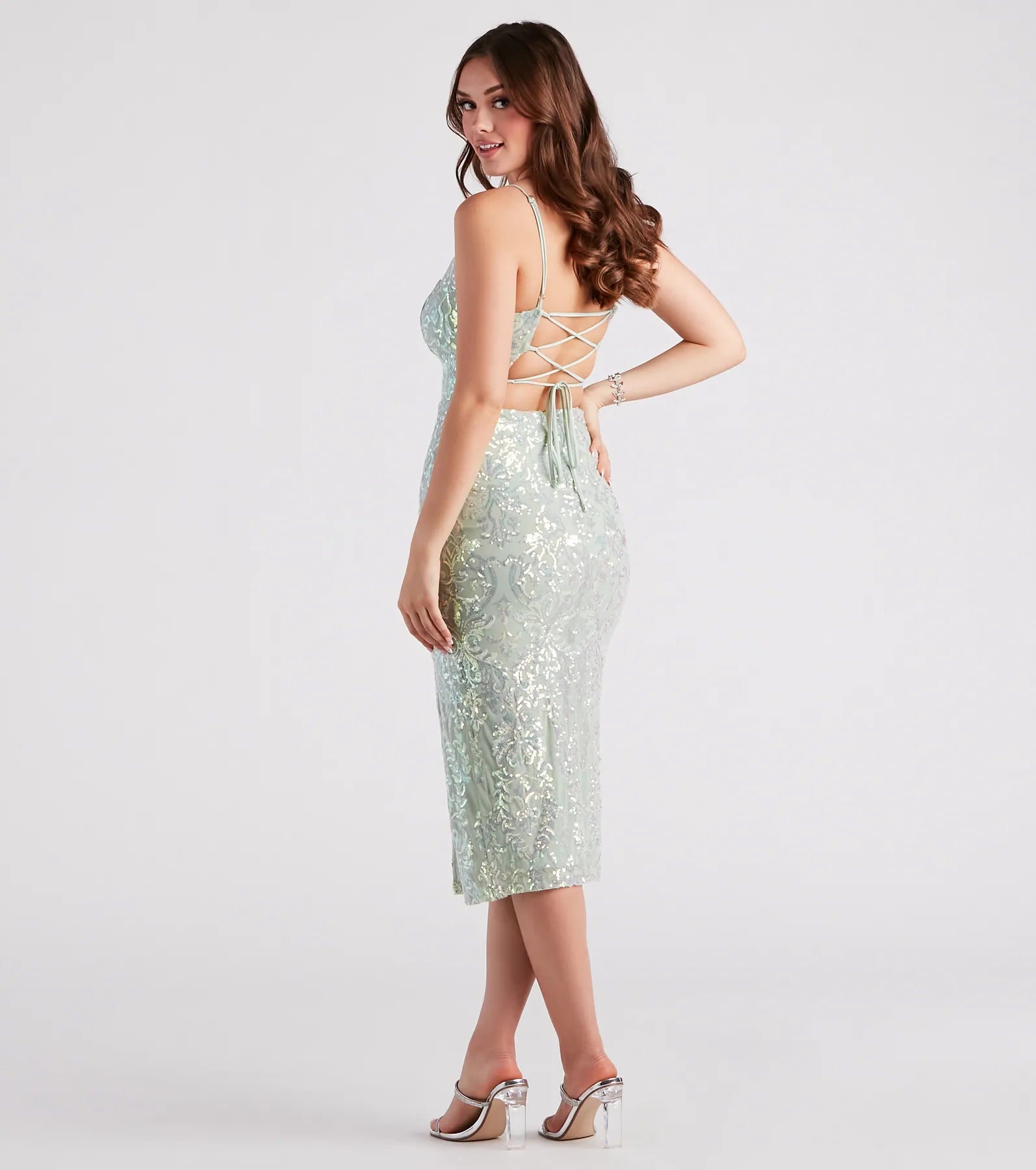 Roxanne Formal Sequin Lace-Up Midi Dress - Image 2