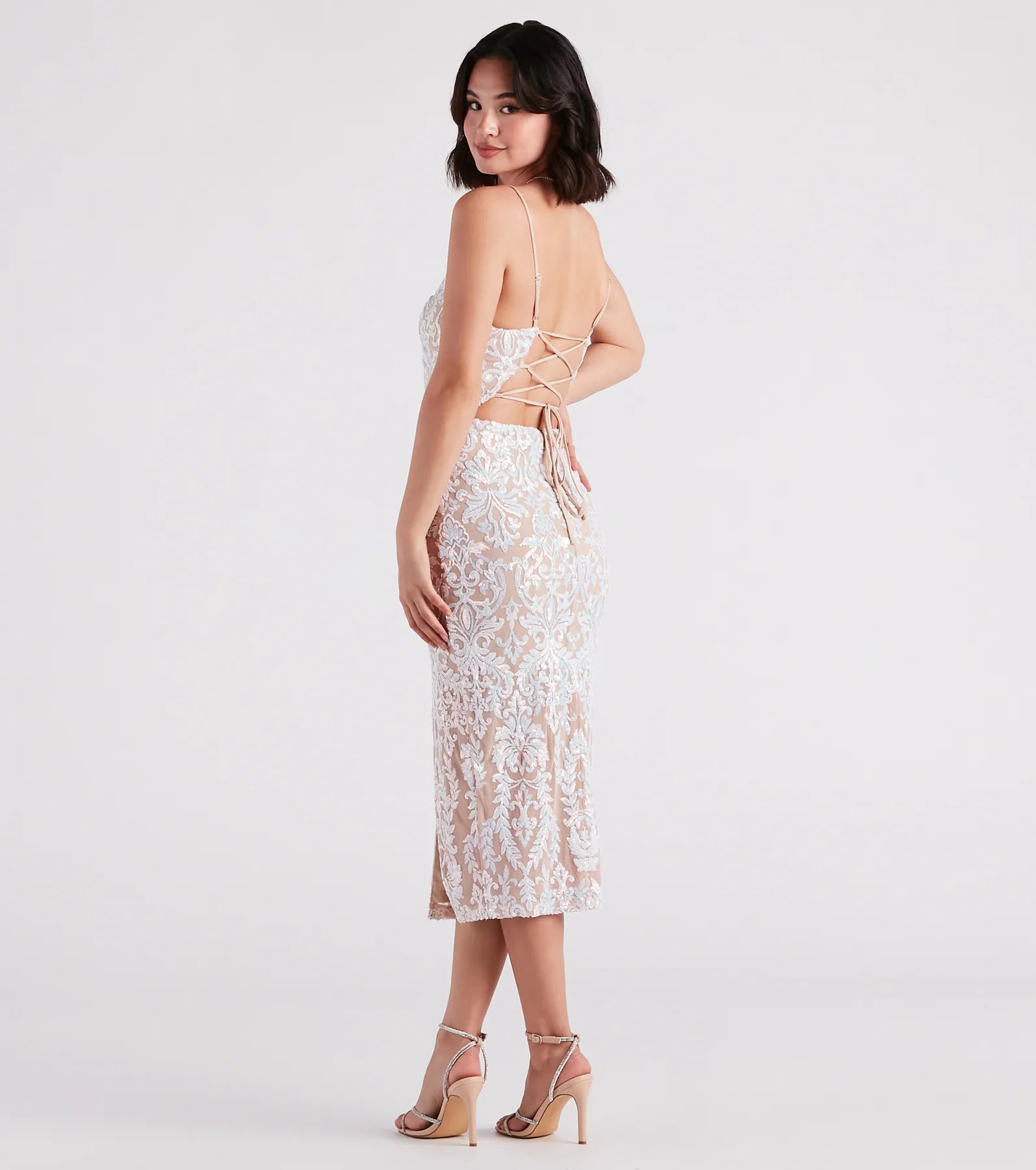 Roxanne Formal Sequin Lace-Up Midi Dress - Image 10