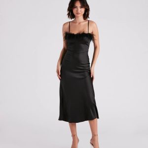 Lizzy Feather Trim Satin Slip Dress
