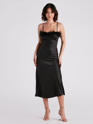 Lizzy Feather Trim Satin Slip Dress