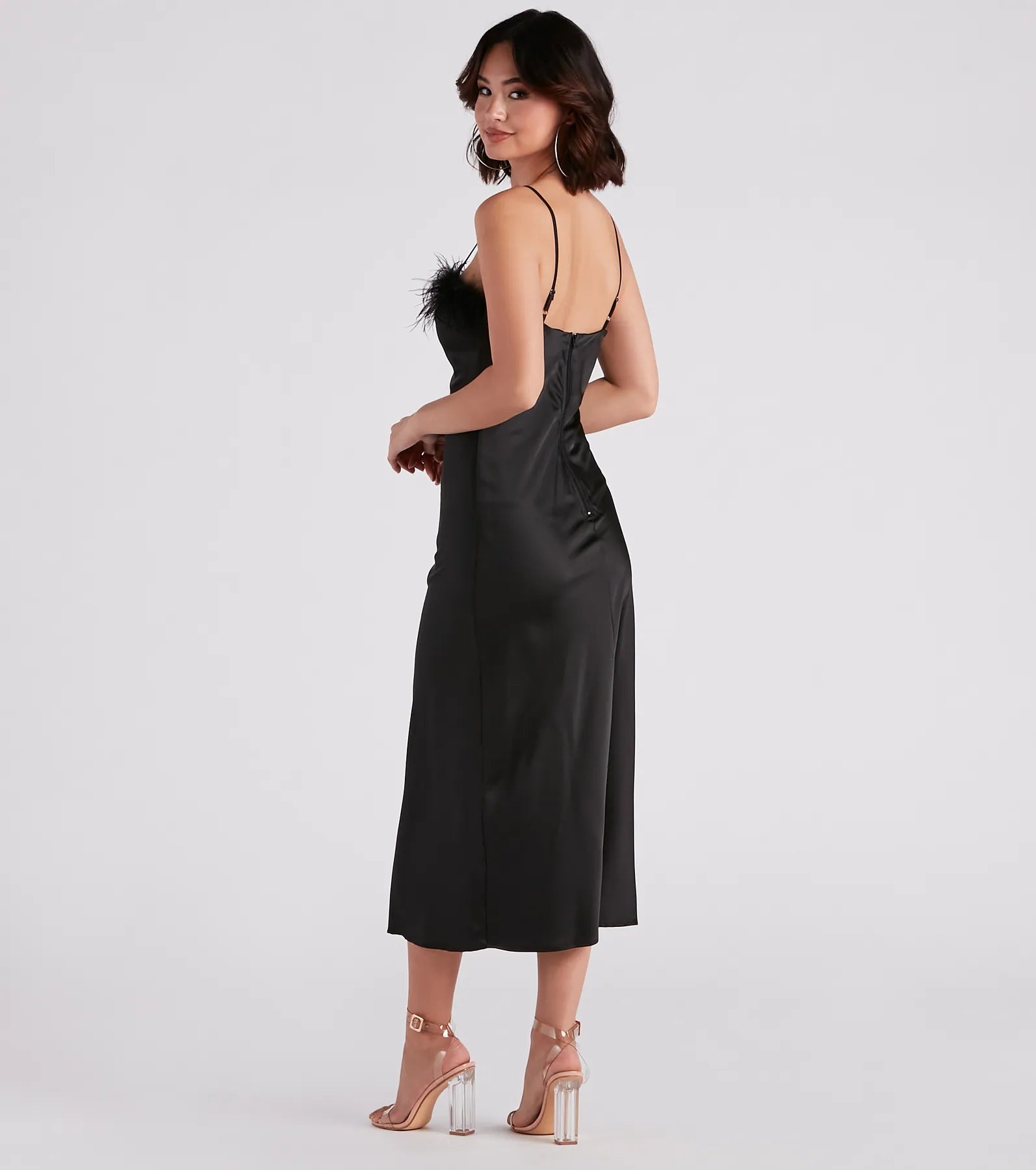 Lizzy Feather Trim Satin Slip Dress - Image 2