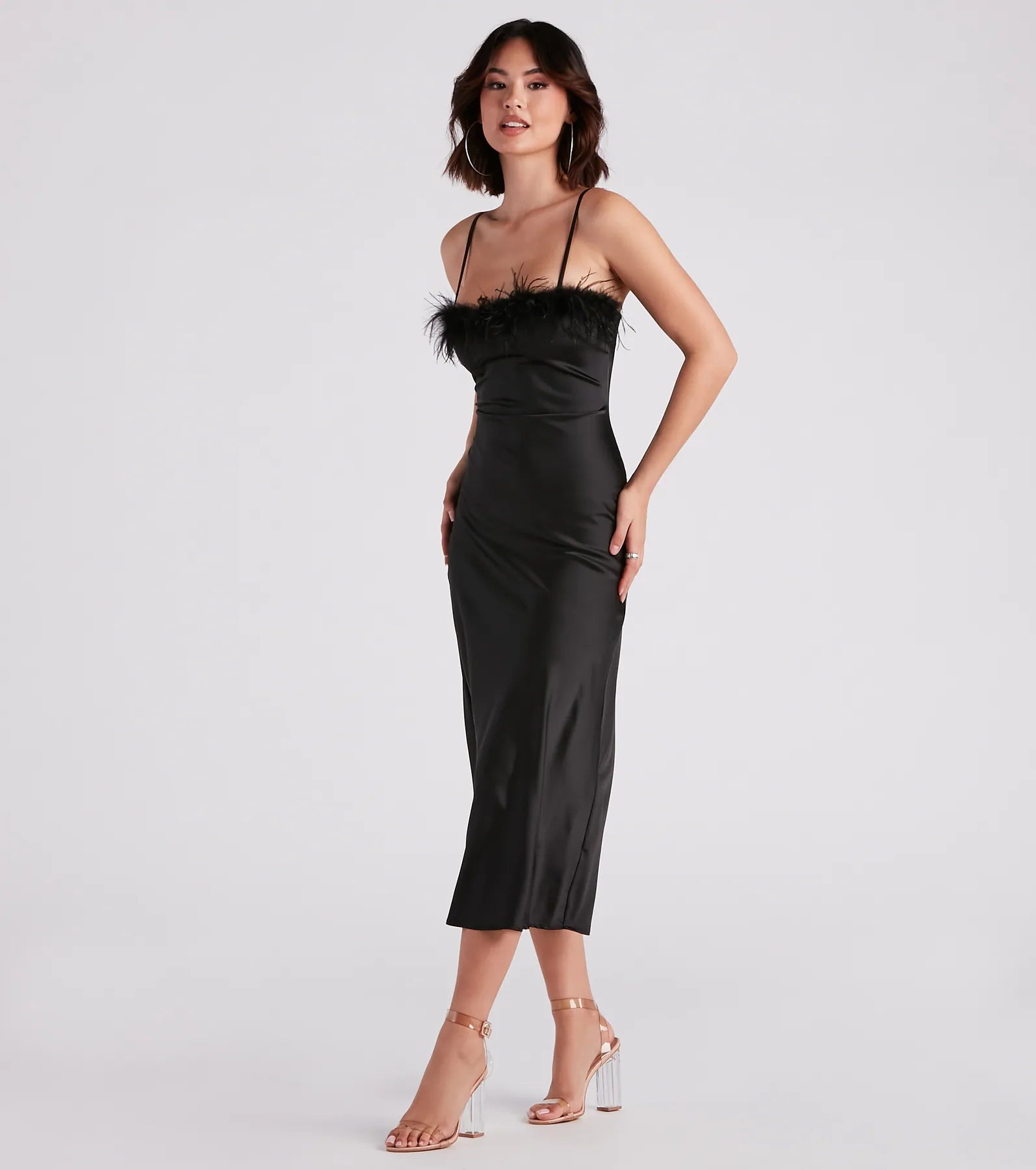 Lizzy Feather Trim Satin Slip Dress - Image 3