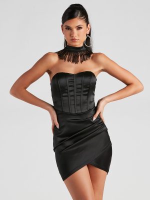 Marina Fringe Choker Neck Satin Mini Dress