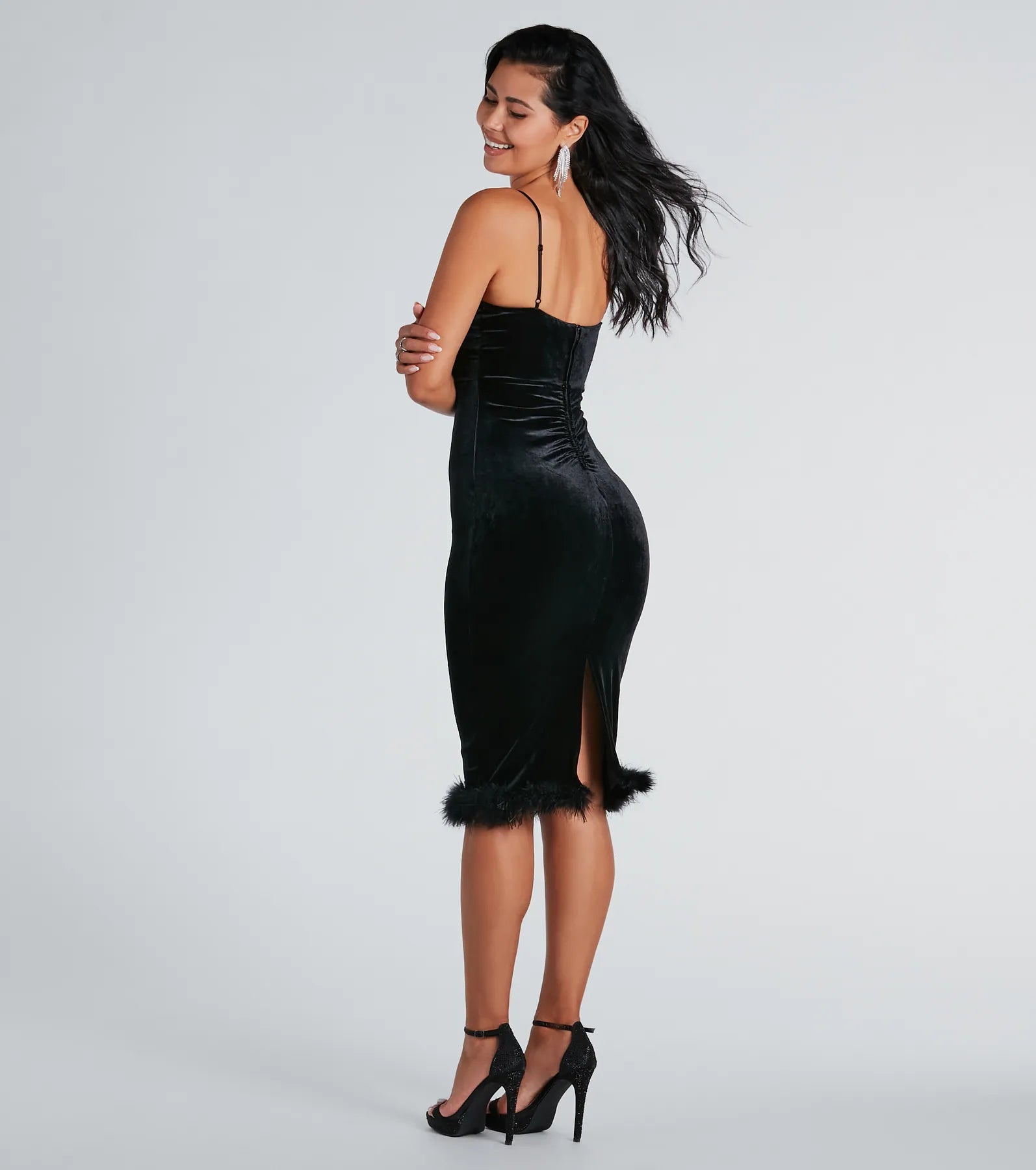 Alyssa Feather Trim Velvet Formal Midi Dress - Image 2