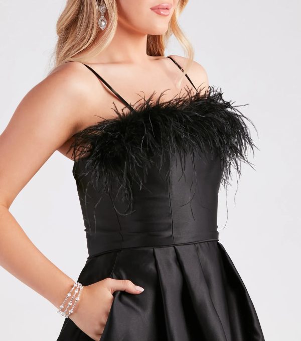 Lennon Satin Feather Trim Formal Skater Dress - Image 4