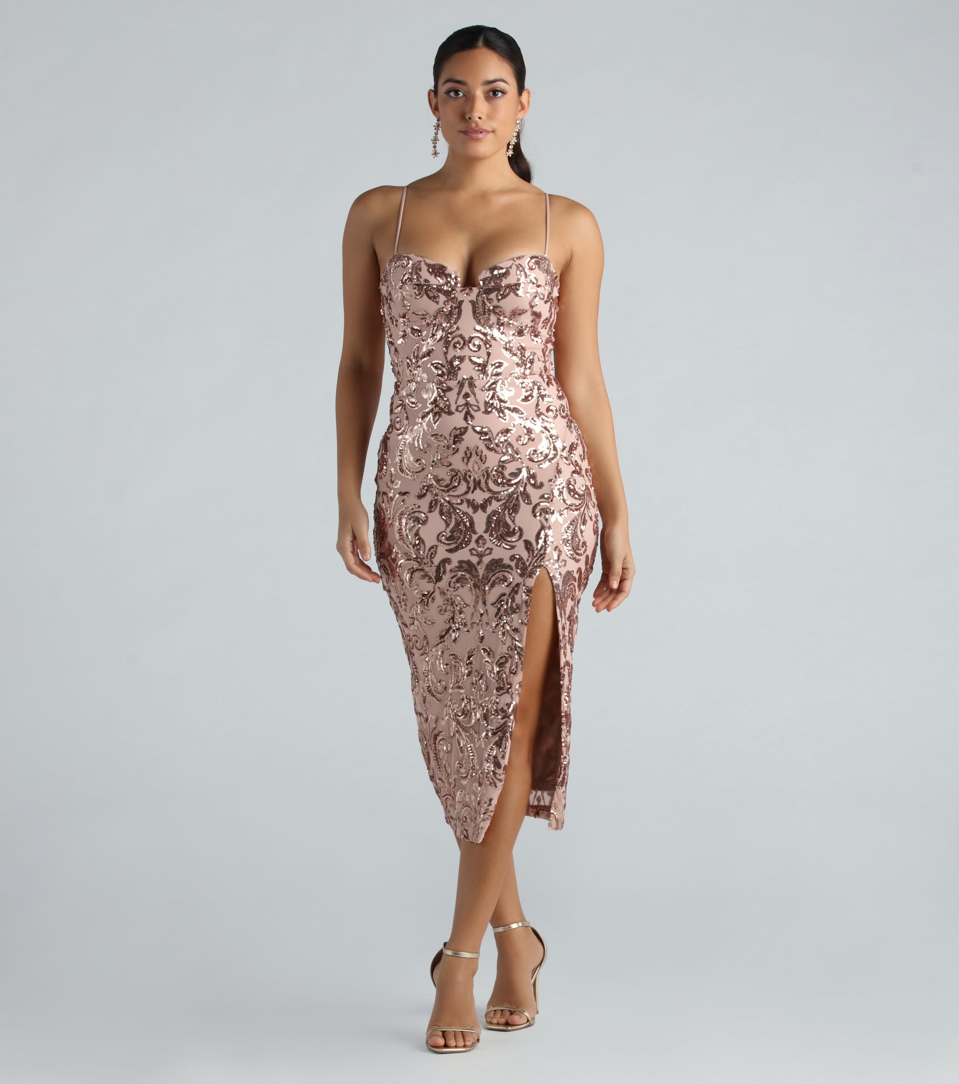 Meilani Formal Sequin Scroll Slit Midi Dress - Image 3