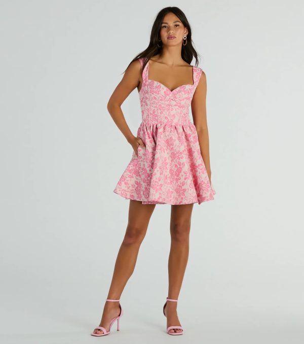 Cassie Corset Floral Jacquard Party Skater Dress - Image 3