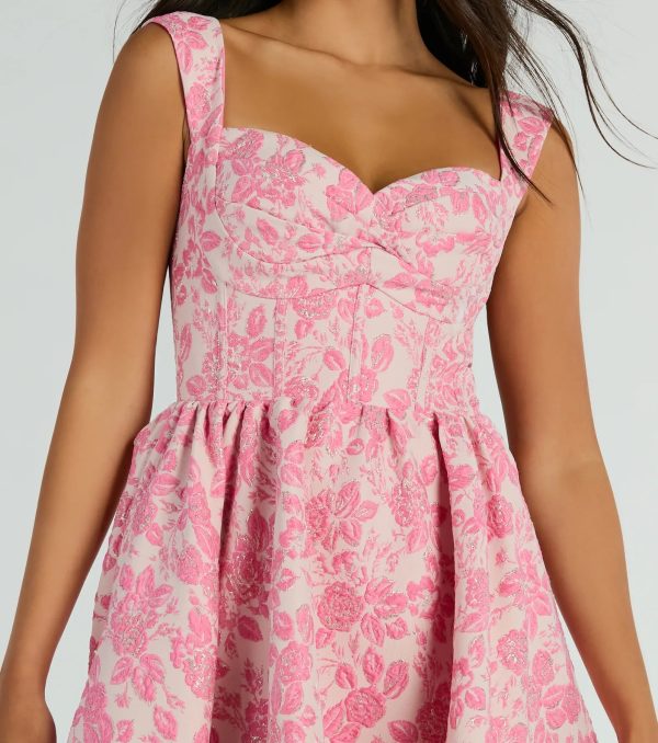 Cassie Corset Floral Jacquard Party Skater Dress - Image 4