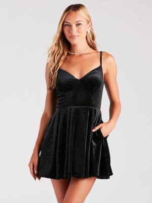 Jodie Glitter Velvet Skater Dress With Pockets
