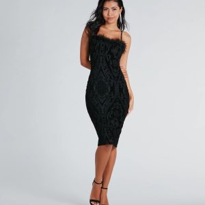 Roselyn Velvet Flocked Mesh Formal Midi Dress