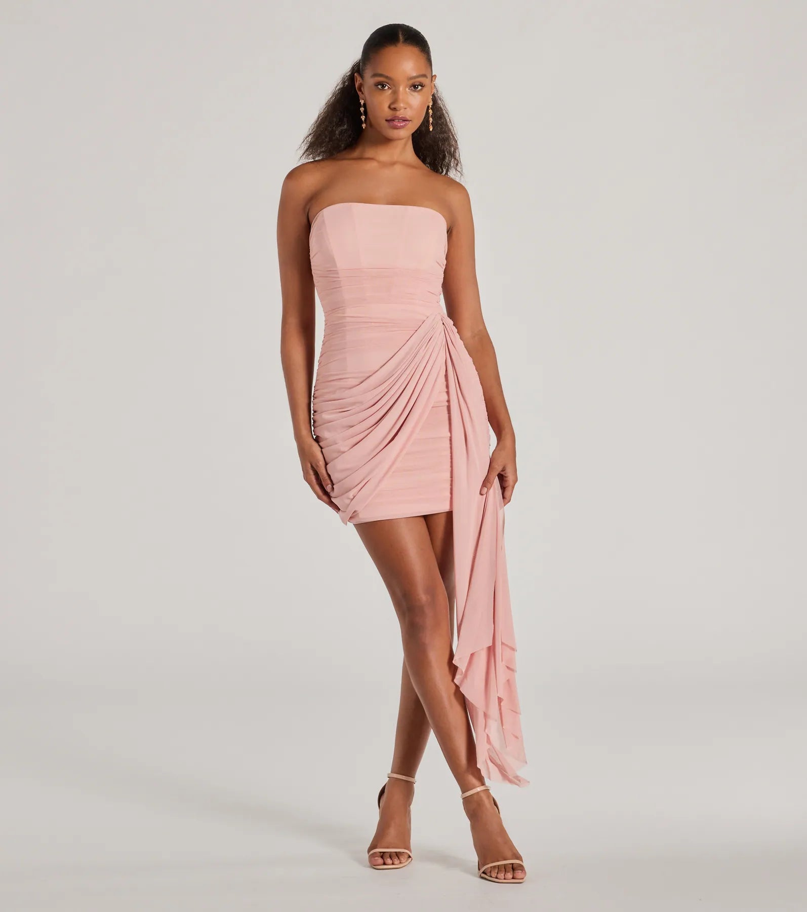 Kaiya Strapless Bodycon Ruched Mesh Mini Dress - Image 4