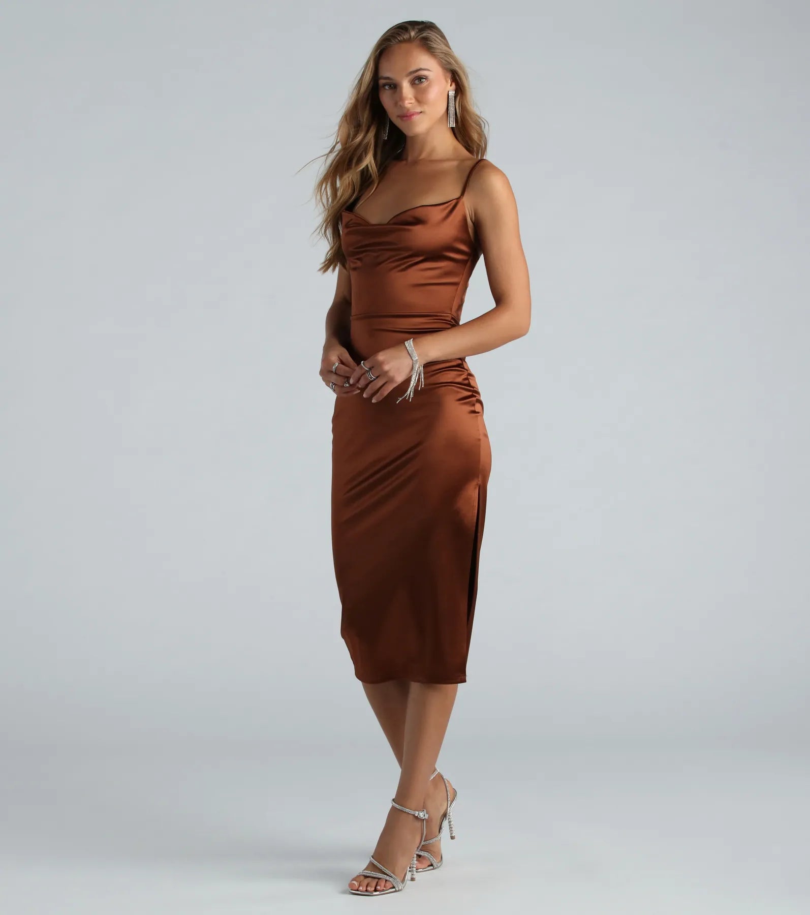 Emilia Satin High Slit Formal Midi Dress - Image 3
