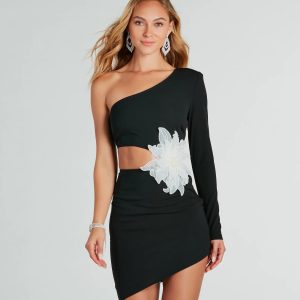 Naya One Shoulder Flower Applique Mini Dress