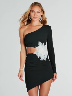 Naya One Shoulder Flower Applique Mini Dress
