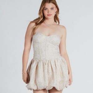 Elisa Formal Floral Jacquard Bubble Hem Skater Dress