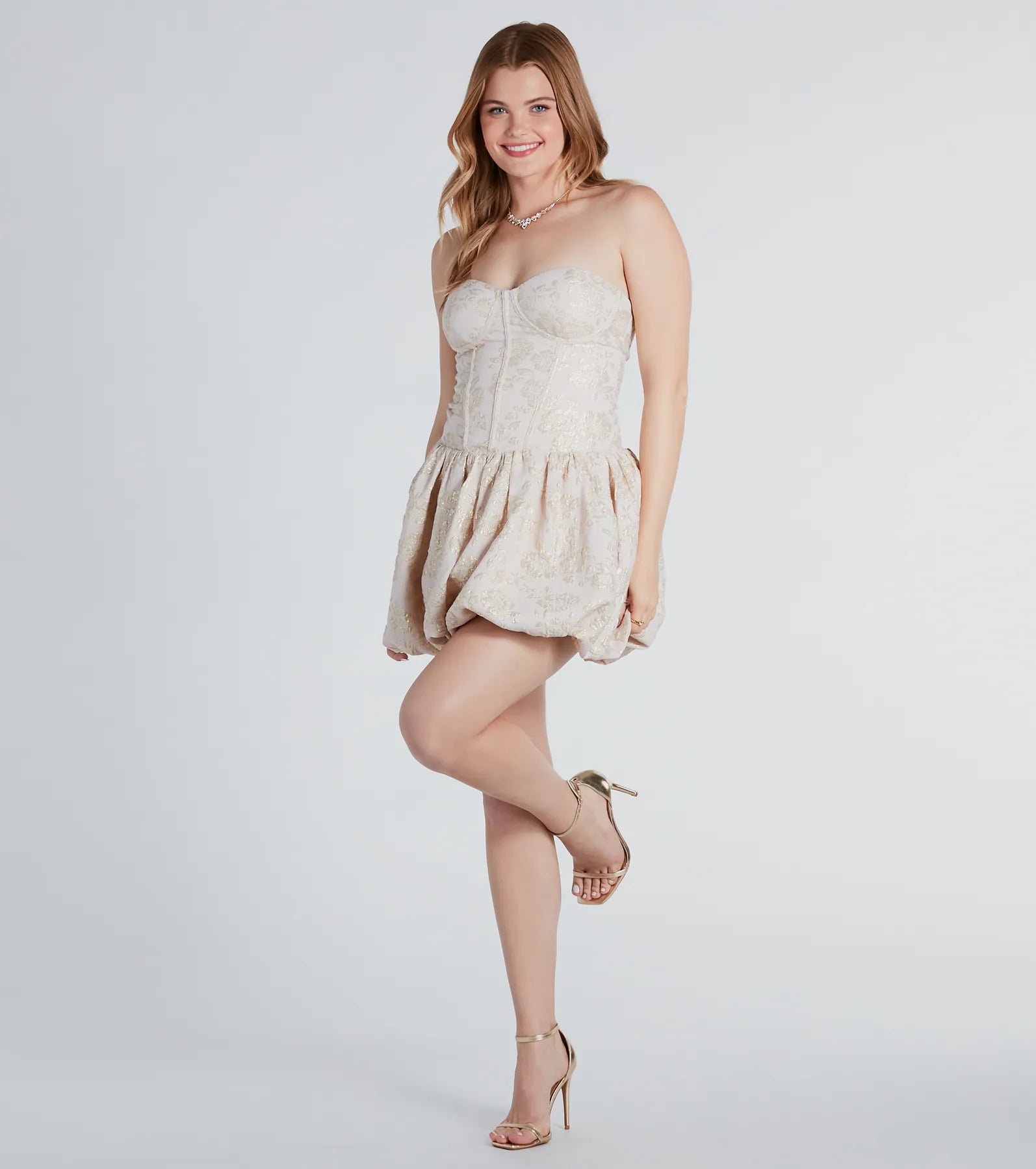 Elisa Formal Floral Jacquard Bubble Hem Skater Dress - Image 3