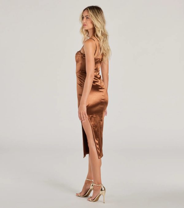 Poppy High Slit Satin Formal Corset Midi Dress - Image 2