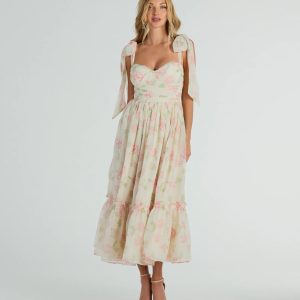 Gretchen Sweetheart Tie Floral Chiffon Midi Dress