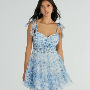 Brynne Formal Floral Mesh Ruffled Skater Dress