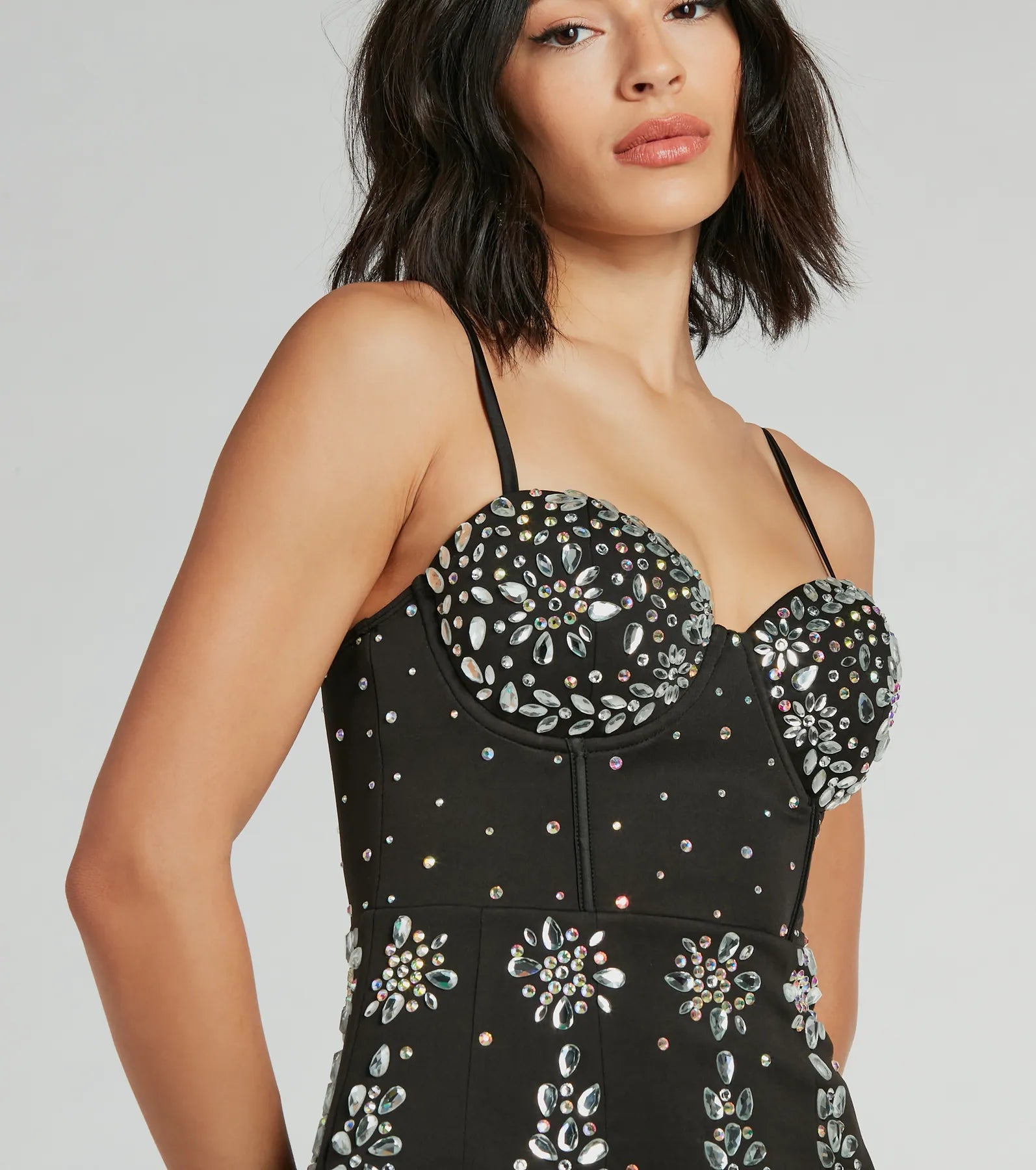 Alexa Formal Rhinestone Crepe Corset Mini Dress - Image 8