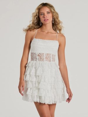 Rochelle Ruffled Sheer Lace Formal Mini Dress