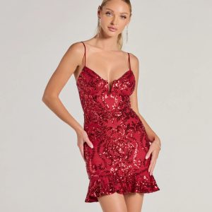 Madalyn V-Neck Ruffle Sequin Satin Mini Dress