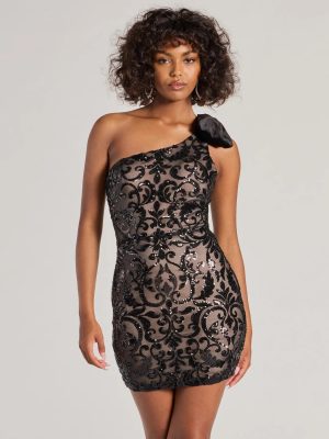 Allison One-Shoulder Velvet Bow Sequin Mini Dress