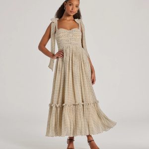 Marnie Sweetheart Tie Strap Polka Dot Formal Midi Dress