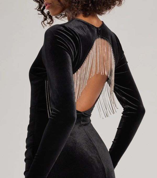 Salma Rhinestone Fringe Backless Velvet Mini Dress - Image 4