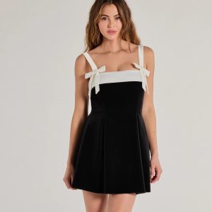 Marilyn Bow Strap Velvet Skater Dress