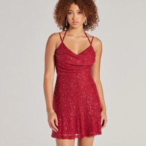 Kristine Beaded Sequin Strappy Back Skater Dress
