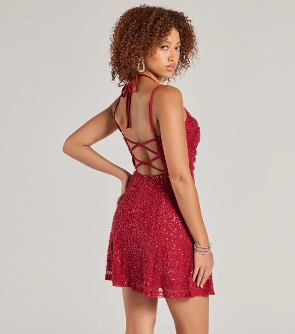 Kristine Beaded Sequin Strappy Back Skater Dress - Image 2