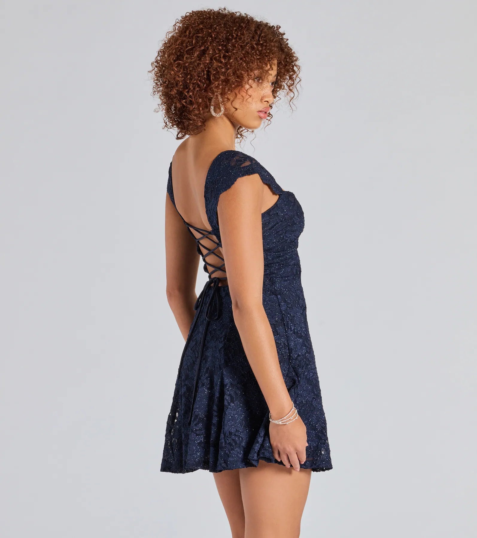 Ayzel Lace-Up A-Line Glitter Lace Dress - Image 2