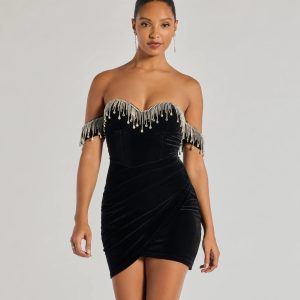 Janie Strapless Rhinestone Fringe Velvet Mini Dress
