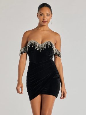 Janie Strapless Rhinestone Fringe Velvet Mini Dress