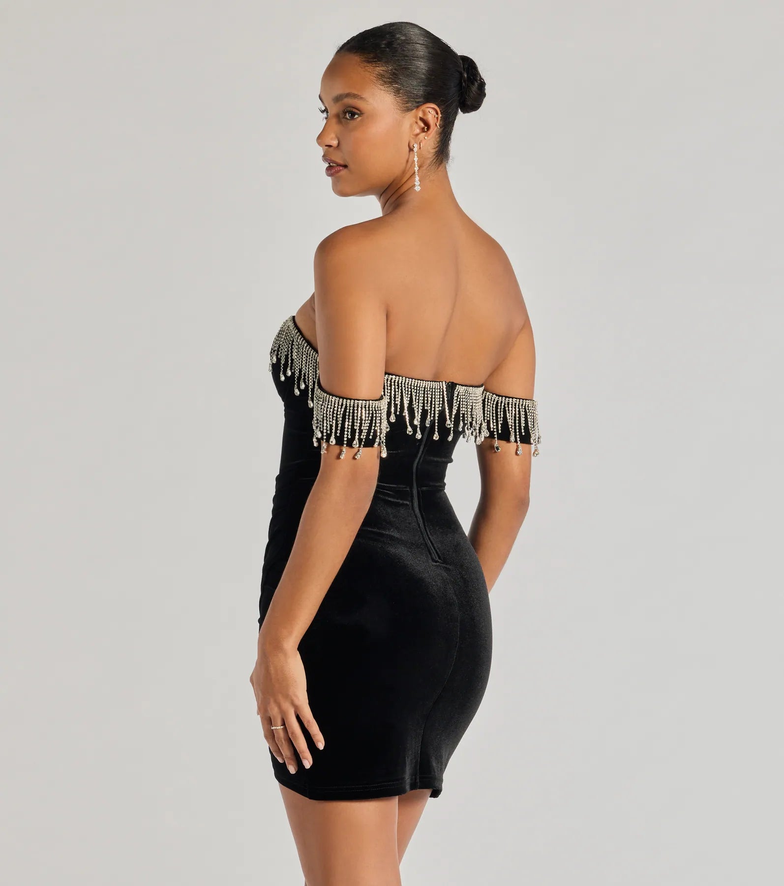 Janie Strapless Rhinestone Fringe Velvet Mini Dress - Image 2