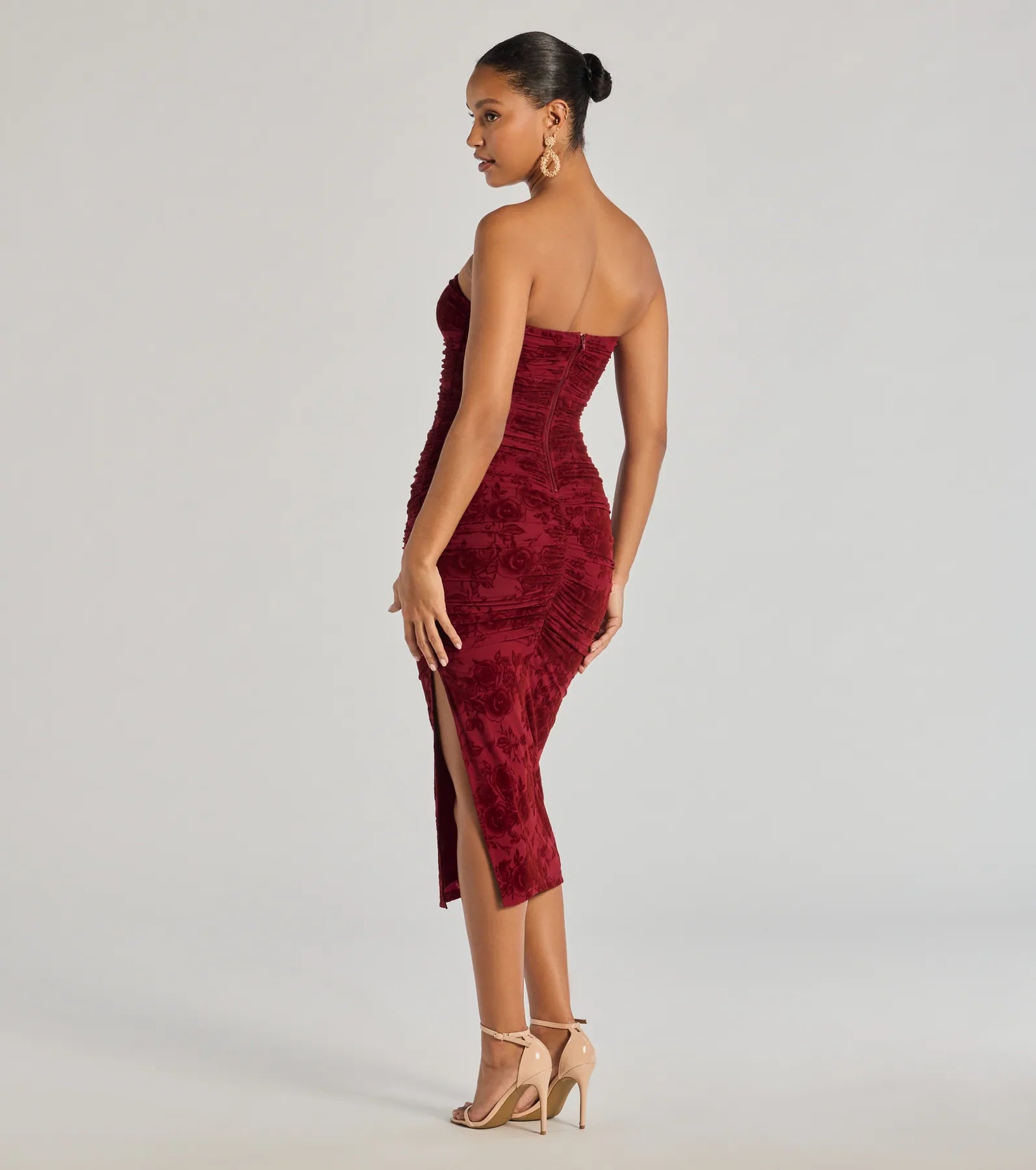 Destiny Strapless Velvet Mesh Midi Dress - Image 2